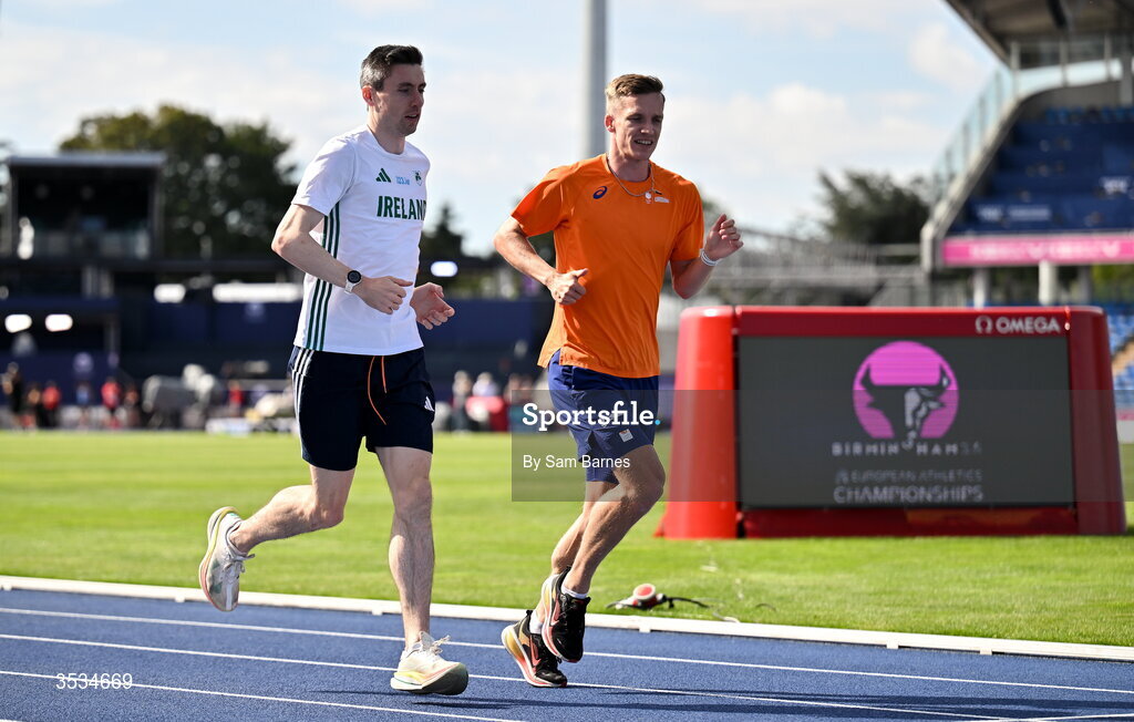 9 August 2026; Mark English of Ireland, left, and Tony van Diepen of Netherlands during a training session ahead of the European Athletics Championships 2026 at Alexander Stadium in Birmingham, England. Photo by Sam Barnes/Sportsfile