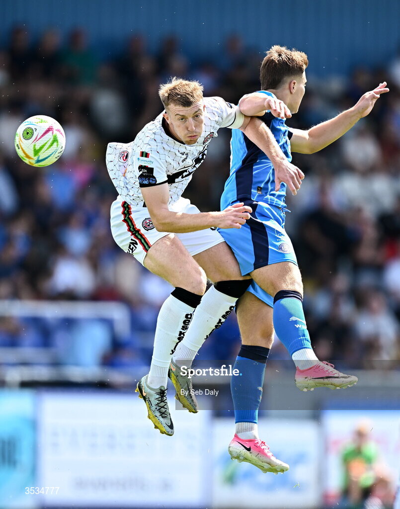 9 August 2026; Sam Todd of Bohemians in action against Tommy Lonergan of Waterford during the SSE Airtricity Men's Premier Division match between Waterford and Bohemians at the RSC in Waterford. Photo by Seb Daly/Sportsfile