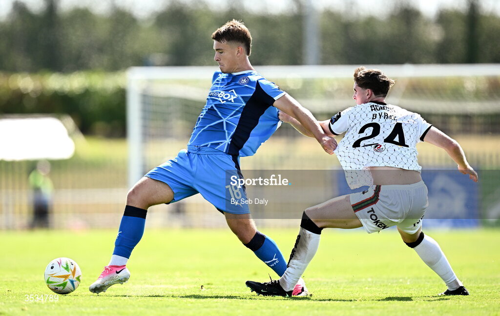 9 August 2026; Tommy Lonergan of Waterford in action against Cian Byrne of Bohemians during the SSE Airtricity Men's Premier Division match between Waterford and Bohemians at the RSC in Waterford. Photo by Seb Daly/Sportsfile