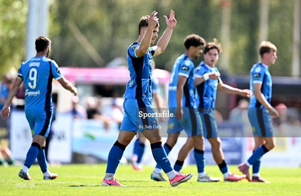 9 August 2026; Tommy Lonergan of Waterford celebrates after scoring his side's first goal during the SSE Airtricity Men's Premier Division match between Waterford and Bohemians at the RSC in Waterford. Photo by Seb Daly/Sportsfile