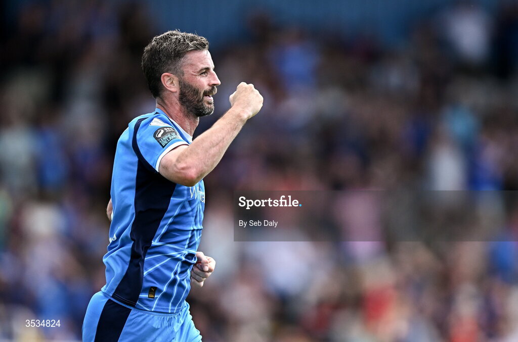 9 August 2026; Pádraig Amond of Waterford celebrates after scoring his side's second goal during the SSE Airtricity Men's Premier Division match between Waterford and Bohemians at the RSC in Waterford. Photo by Seb Daly/Sportsfile