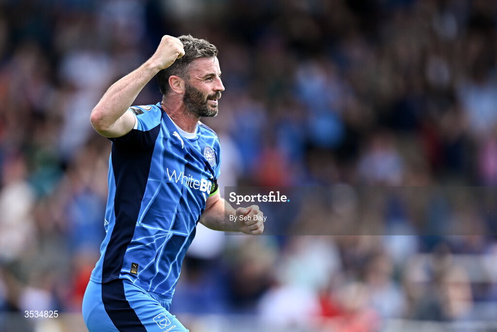 9 August 2026; Pádraig Amond of Waterford celebrates after scoring his side's second goal during the SSE Airtricity Men's Premier Division match between Waterford and Bohemians at the RSC in Waterford. Photo by Seb Daly/Sportsfile