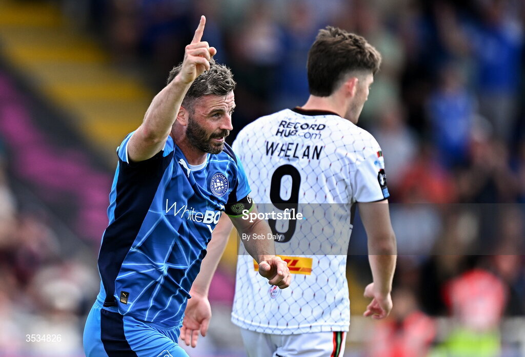 9 August 2026; Pádraig Amond of Waterford celebrates after scoring his side's second goal during the SSE Airtricity Men's Premier Division match between Waterford and Bohemians at the RSC in Waterford. Photo by Seb Daly/Sportsfile