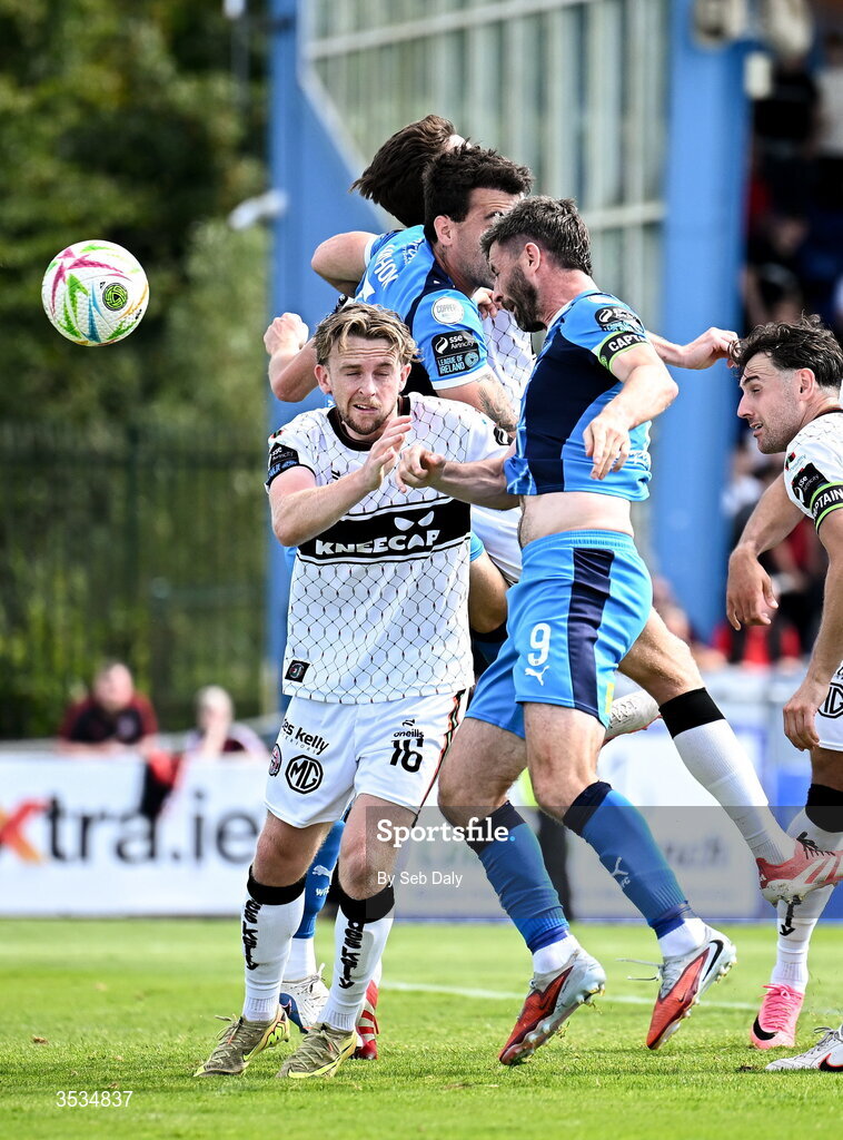 9 August 2026; Pádraig Amond of Waterford, right, scores his side's third goal during the SSE Airtricity Men's Premier Division match between Waterford and Bohemians at the RSC in Waterford. Photo by Seb Daly/Sportsfile