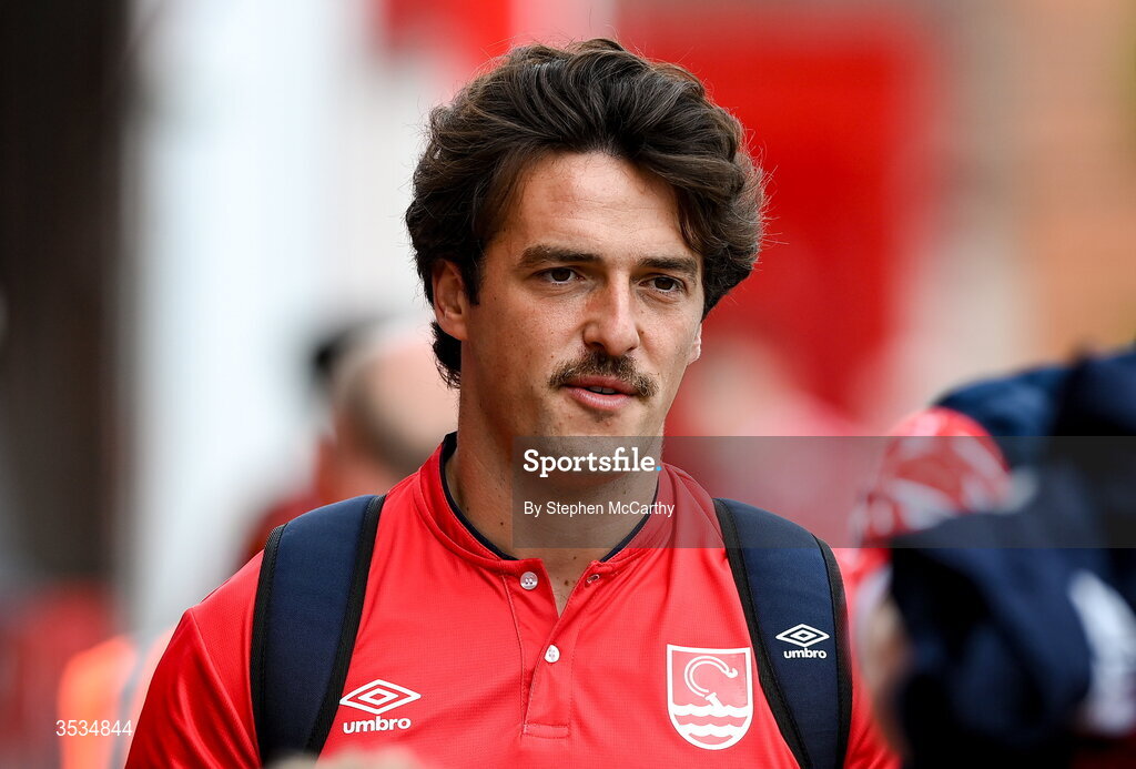 9 August 2026; James Brown of St Patrick's Athletic arrives for the SSE Airtricity Men’s Premier Division match between Shelbourne and St Patrick's Athletic at Tolka Park in Dublin. Photo by Stephen McCarthy/Sportsfile