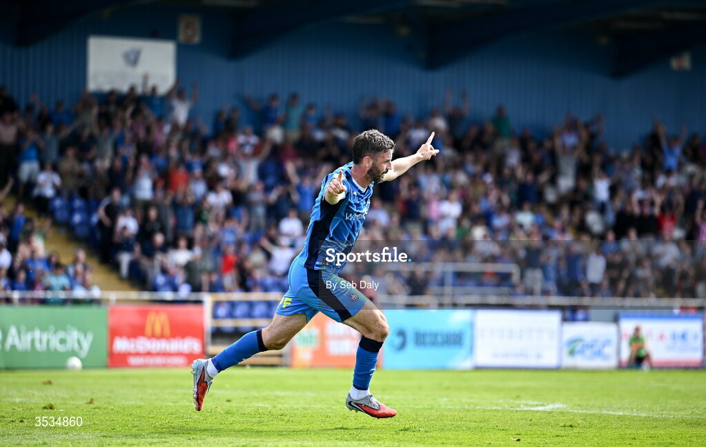 9 August 2026; Pádraig Amond of Waterford celebrates after scoring his side's third goal during the SSE Airtricity Men's Premier Division match between Waterford and Bohemians at the RSC in Waterford. Photo by Seb Daly/Sportsfile