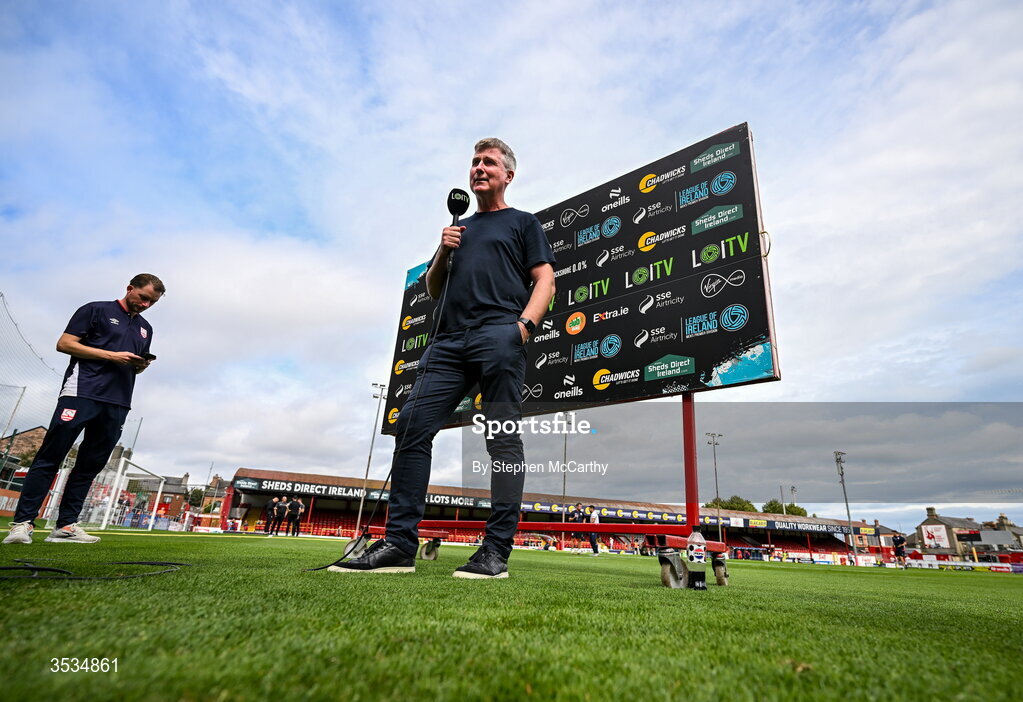 9 August 2026; St Patrick's Athletic manager Stephen Kenny speaks to LOI TV before the SSE Airtricity Men’s Premier Division match between Shelbourne and St Patrick's Athletic at Tolka Park in Dublin. Photo by Stephen McCarthy/Sportsfile