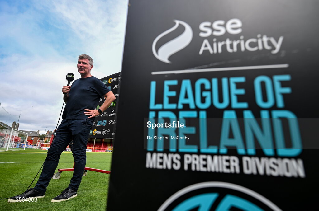 9 August 2026; St Patrick's Athletic manager Stephen Kenny speaks to LOI TV before the SSE Airtricity Men’s Premier Division match between Shelbourne and St Patrick's Athletic at Tolka Park in Dublin. Photo by Stephen McCarthy/Sportsfile