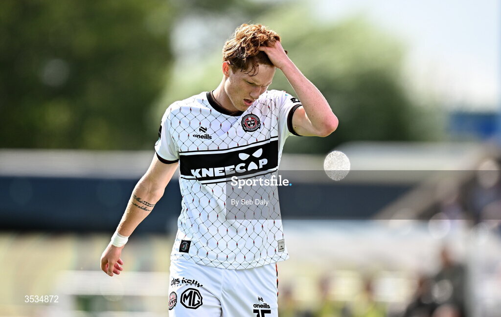 9 August 2026; Senan Mullen of Bohemians reacts during the SSE Airtricity Men's Premier Division match between Waterford and Bohemians at the RSC in Waterford. Photo by Seb Daly/Sportsfile