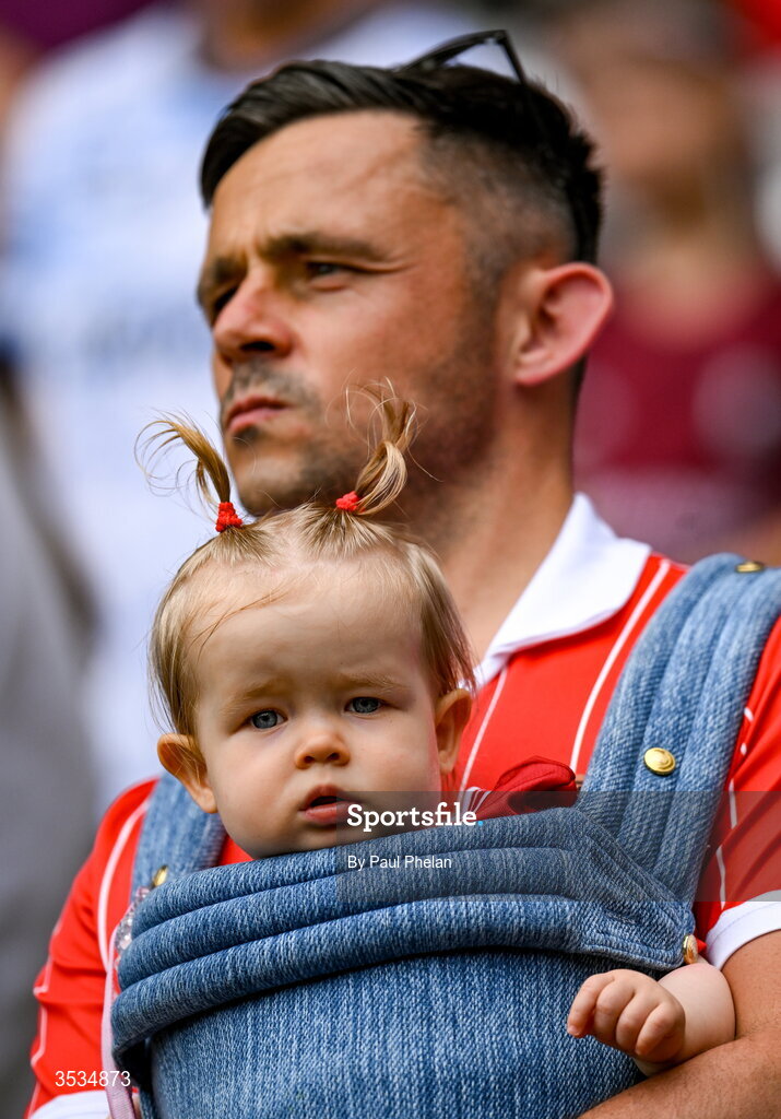 9 August 2026; A Cork supporter before the Glen Dimplex All-Ireland Senior Camogie Championship final match between Galway and Cork at Croke Park in Dublin. Photo by Paul Phelan/Sportsfile