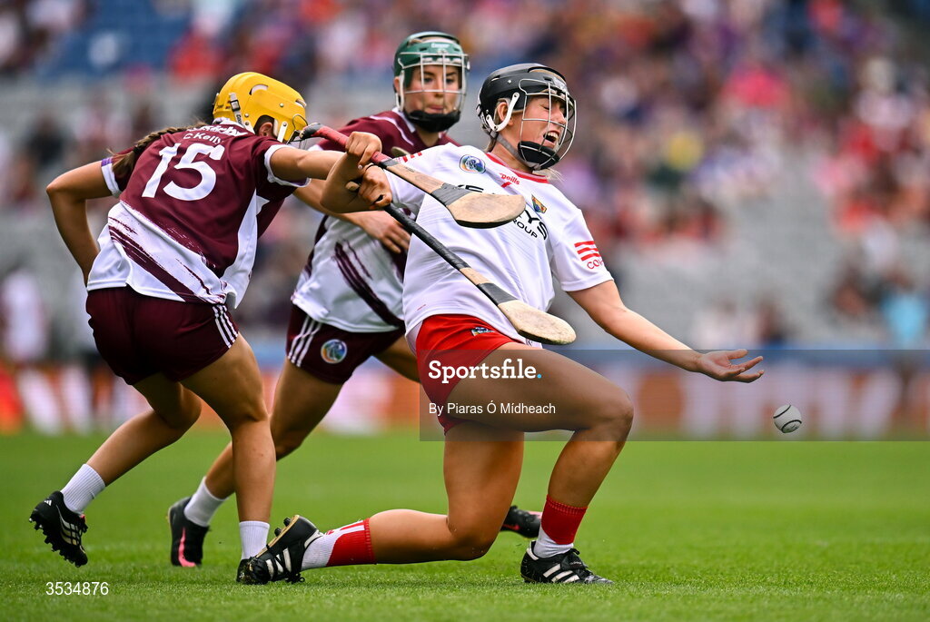 9 August 2026; Isobel Sheehan of Cork in action against Caoimhe Kelly of Galway, 15, during the Glen Dimplex All-Ireland Senior Camogie Championship final match between Galway and Cork at Croke Park in Dublin. Photo by Piaras Ó Mídheach/Sportsfile