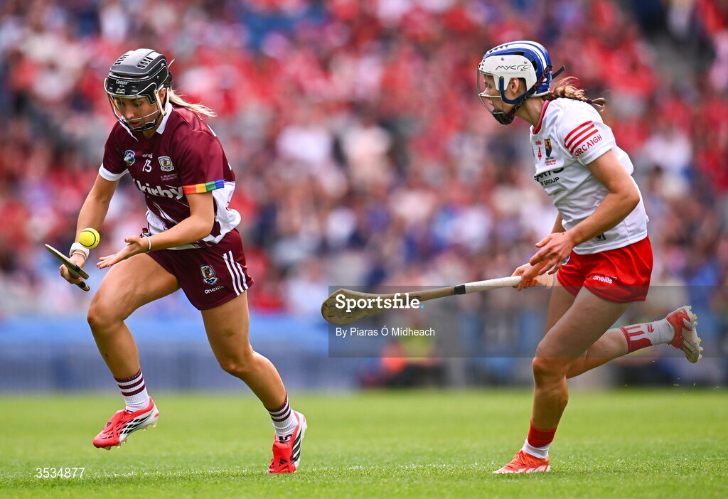 9 August 2026; Niamh Niland of Galway in action against Méabh Cahalane of Cork during the Glen Dimplex All-Ireland Senior Camogie Championship final match between Galway and Cork at Croke Park in Dublin. Photo by Piaras Ó Mídheach/Sportsfile