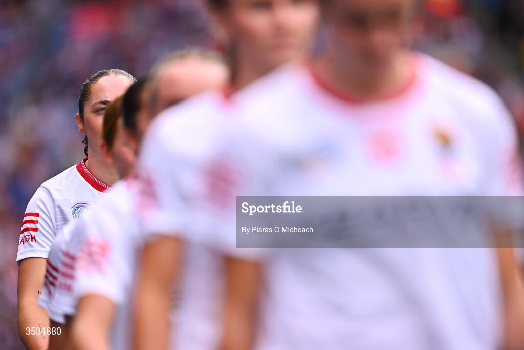9 August 2026; Sorcha McCartan of Cork marches in the parade before during the Glen Dimplex All-Ireland Senior Camogie Championship final match between Galway and Cork at Croke Park in Dublin. Photo by Piaras Ó Mídheach/Sportsfile