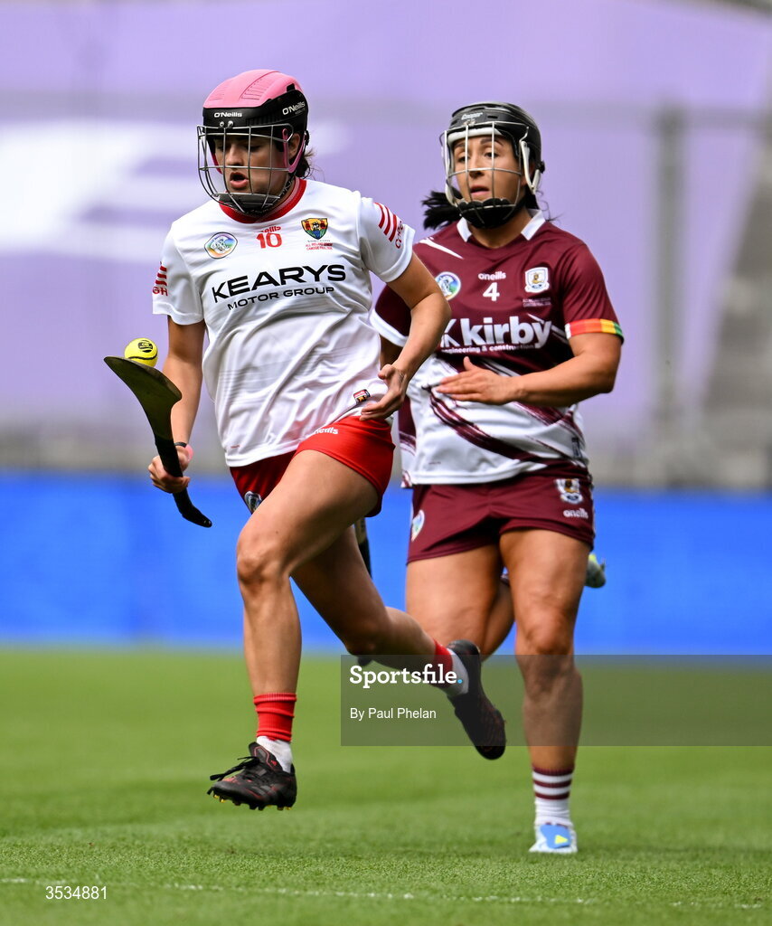 9 August 2026; Emma Murphy of Cork in action against Dervla Higgins of Galway during the Glen Dimplex All-Ireland Senior Camogie Championship final match between Galway and Cork at Croke Park in Dublin. Photo by Paul Phelan/Sportsfile