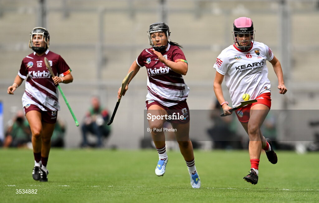 9 August 2026; Emma Murphy of Cork in action against Dervla Higgins of Galway during the Glen Dimplex All-Ireland Senior Camogie Championship final match between Galway and Cork at Croke Park in Dublin. Photo by Paul Phelan/Sportsfile