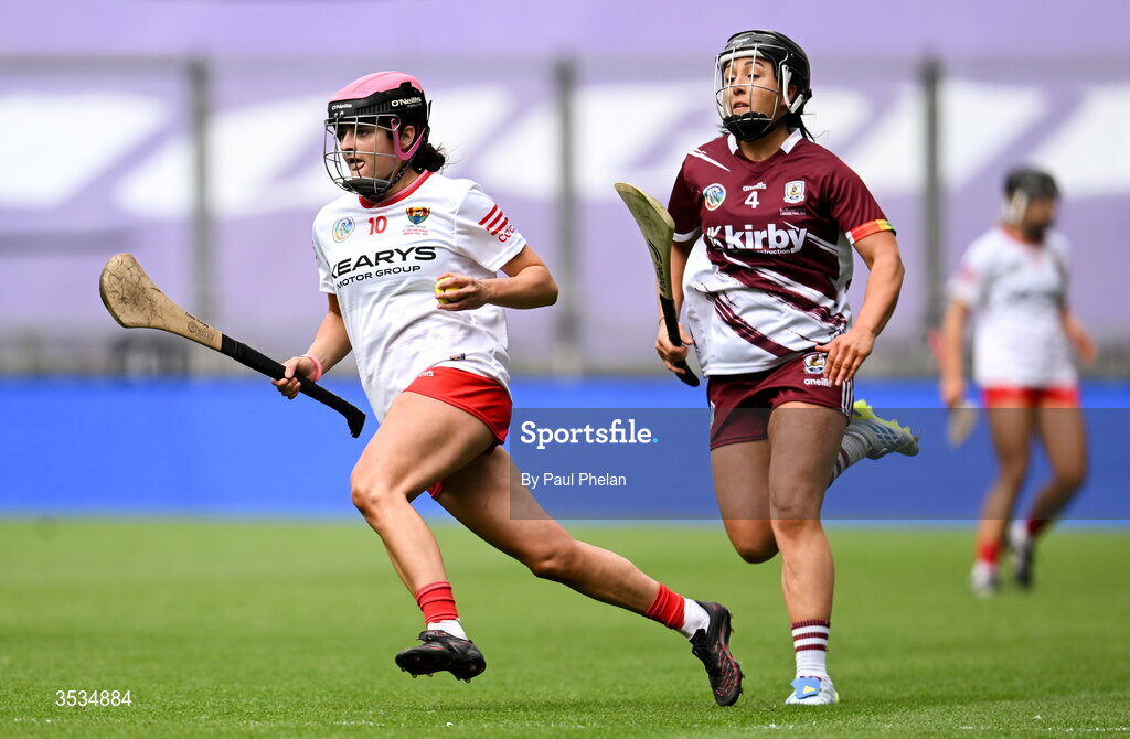 9 August 2026; Emma Murphy of Cork in action against Dervla Higgins of Galway during the Glen Dimplex All-Ireland Senior Camogie Championship final match between Galway and Cork at Croke Park in Dublin. Photo by Paul Phelan/Sportsfile