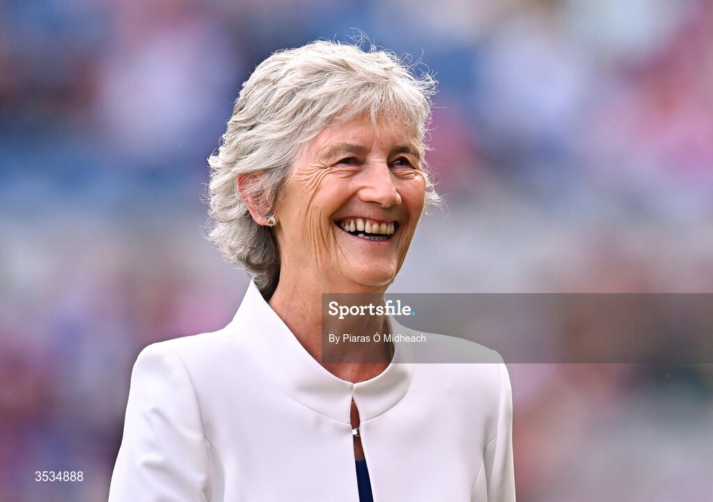 9 August 2026; President of Ireland Catherine Connolly before the Glen Dimplex All-Ireland Senior Camogie Championship final match between Galway and Cork at Croke Park in Dublin. Photo by Piaras Ó Mídheach/Sportsfile