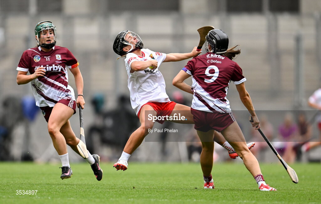 9 August 2026; Carrie Dolan of Galway fouls Millie Condon of Cork during the Glen Dimplex All-Ireland Senior Camogie Championship final match between Galway and Cork at Croke Park in Dublin. Photo by Paul Phelan/Sportsfile