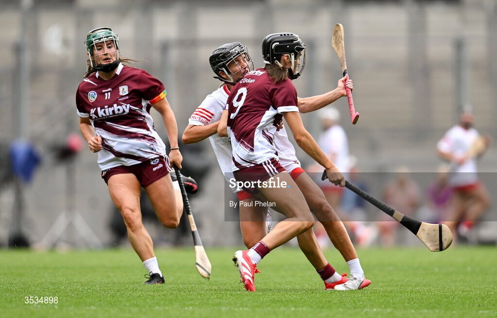 9 August 2026; Carrie Dolan of Galway fouls Millie Condon of Cork during the Glen Dimplex All-Ireland Senior Camogie Championship final match between Galway and Cork at Croke Park in Dublin. Photo by Paul Phelan/Sportsfile