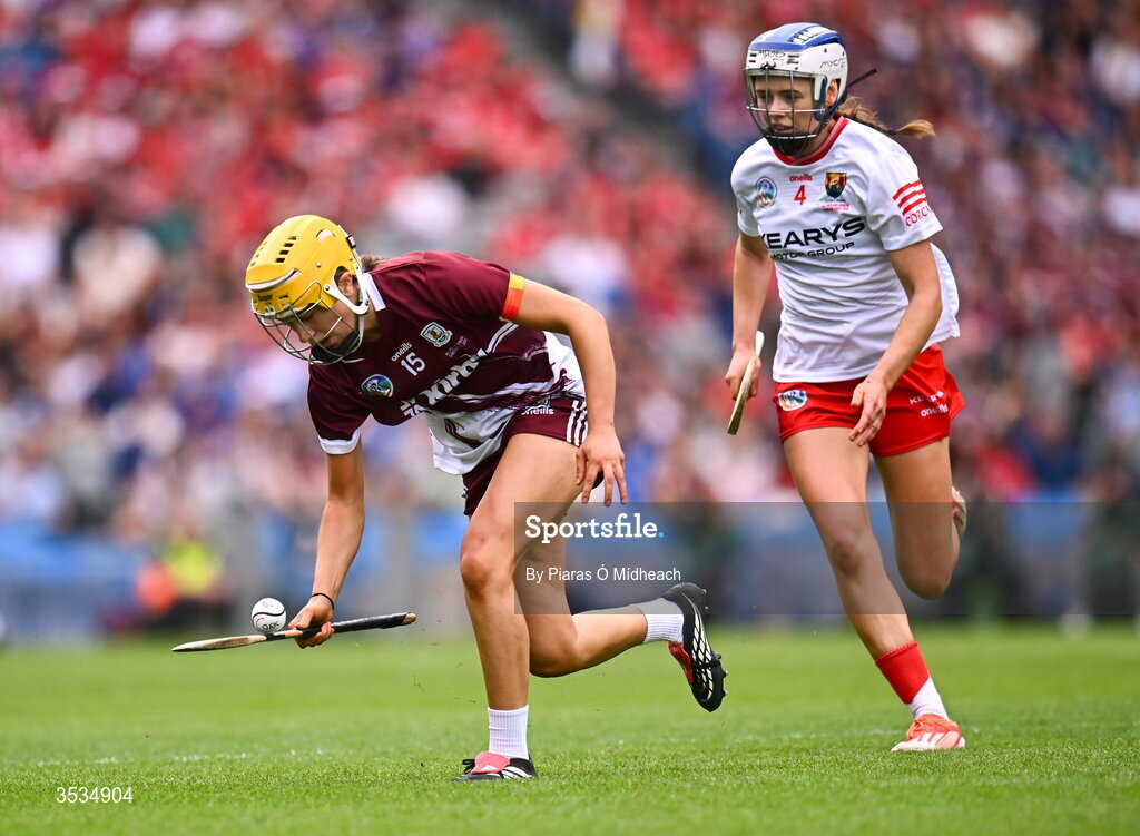 9 August 2026; Caoimhe Kelly of Galway in action against Méabh Cahalane of Cork during the Glen Dimplex All-Ireland Senior Camogie Championship final match between Galway and Cork at Croke Park in Dublin. Photo by Piaras Ó Mídheach/Sportsfile