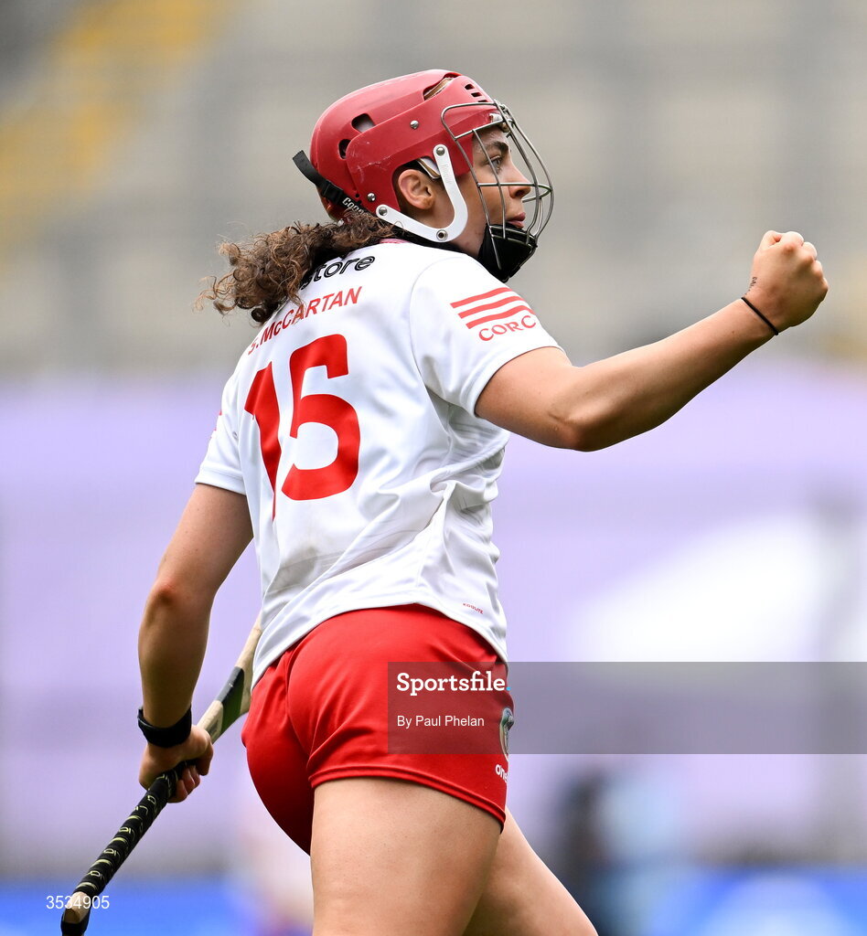 9 August 2026; Sorcha McCartan of Cork celebrates scoring a point during the Glen Dimplex All-Ireland Senior Camogie Championship final match between Galway and Cork at Croke Park in Dublin. Photo by Paul Phelan/Sportsfile
