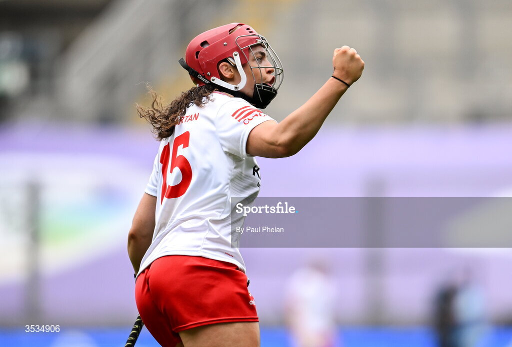 9 August 2026; Sorcha McCartan of Cork celebrates scoring a point during the Glen Dimplex All-Ireland Senior Camogie Championship final match between Galway and Cork at Croke Park in Dublin. Photo by Paul Phelan/Sportsfile