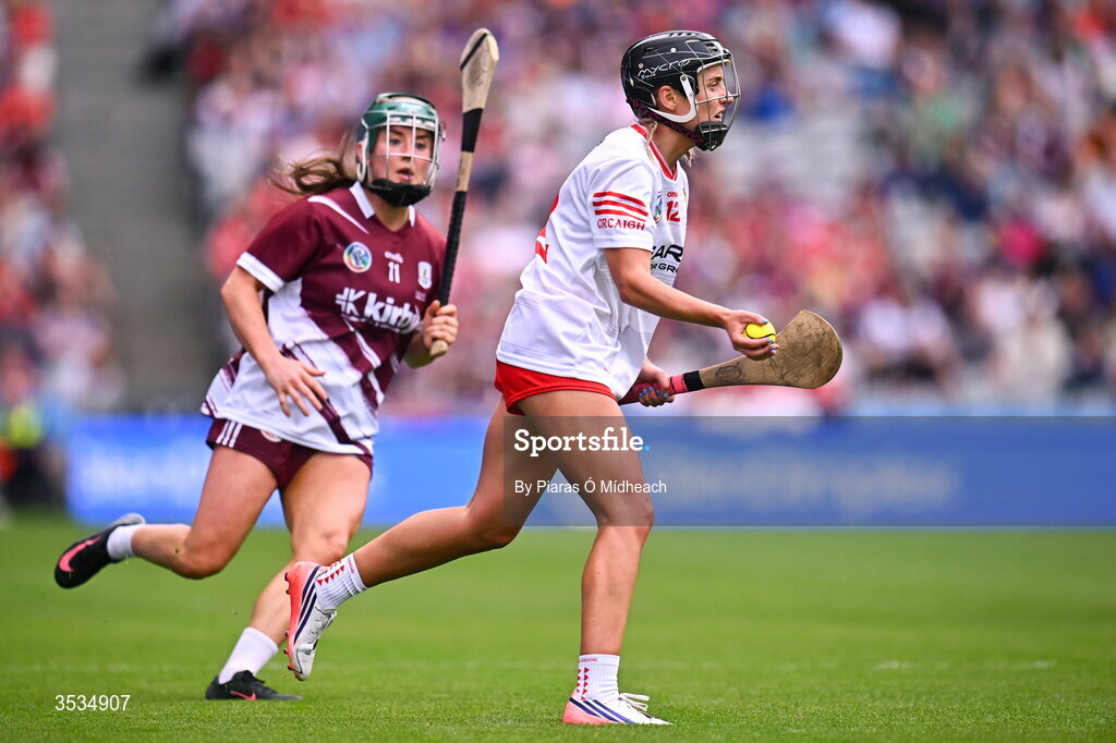 9 August 2026; Millie Condon of Cork in action against Niamh McPeake of Galway during the Glen Dimplex All-Ireland Senior Camogie Championship final match between Galway and Cork at Croke Park in Dublin. Photo by Piaras Ó Mídheach/Sportsfile
