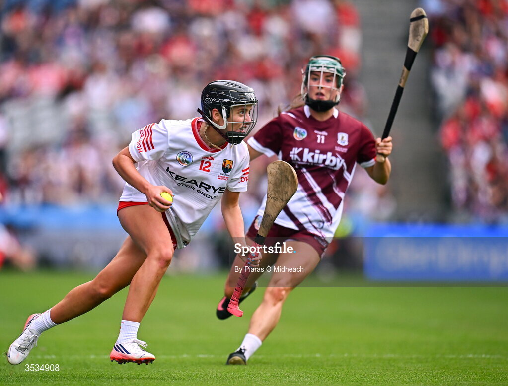 9 August 2026; Millie Condon of Cork in action against Niamh McPeake of Galway during the Glen Dimplex All-Ireland Senior Camogie Championship final match between Galway and Cork at Croke Park in Dublin. Photo by Piaras Ó Mídheach/Sportsfile