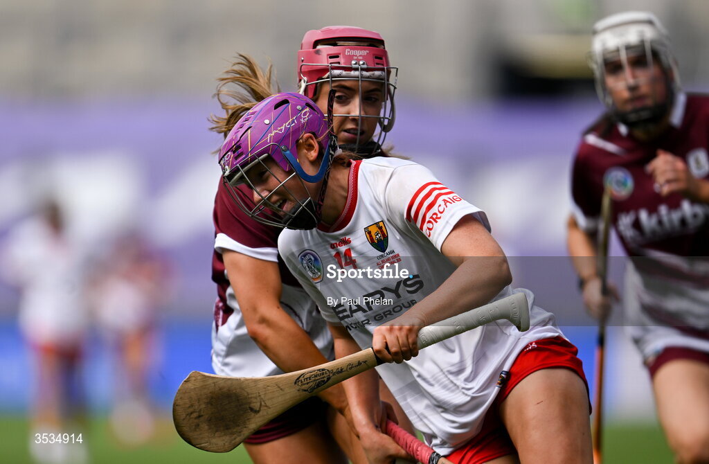 9 August 2026; Orlaith Cahalane of Cork in action against Ciara Hickey of Galway during the Glen Dimplex All-Ireland Senior Camogie Championship final match between Galway and Cork at Croke Park in Dublin. Photo by Paul Phelan/Sportsfile