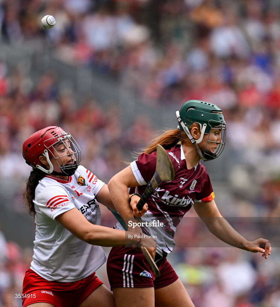 9 August 2026; Sorcha McCartan of Cork in action against Róisín Black of Galway during the Glen Dimplex All-Ireland Senior Camogie Championship final match between Galway and Cork at Croke Park in Dublin. Photo by Paul Phelan/Sportsfile