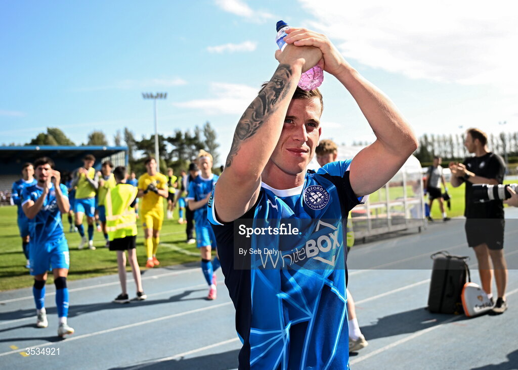 9 August 2026; Evan McLaughlin of Waterford after his side's victory in the SSE Airtricity Men's Premier Division match between Waterford and Bohemians at the RSC in Waterford. Photo by Seb Daly/Sportsfile
