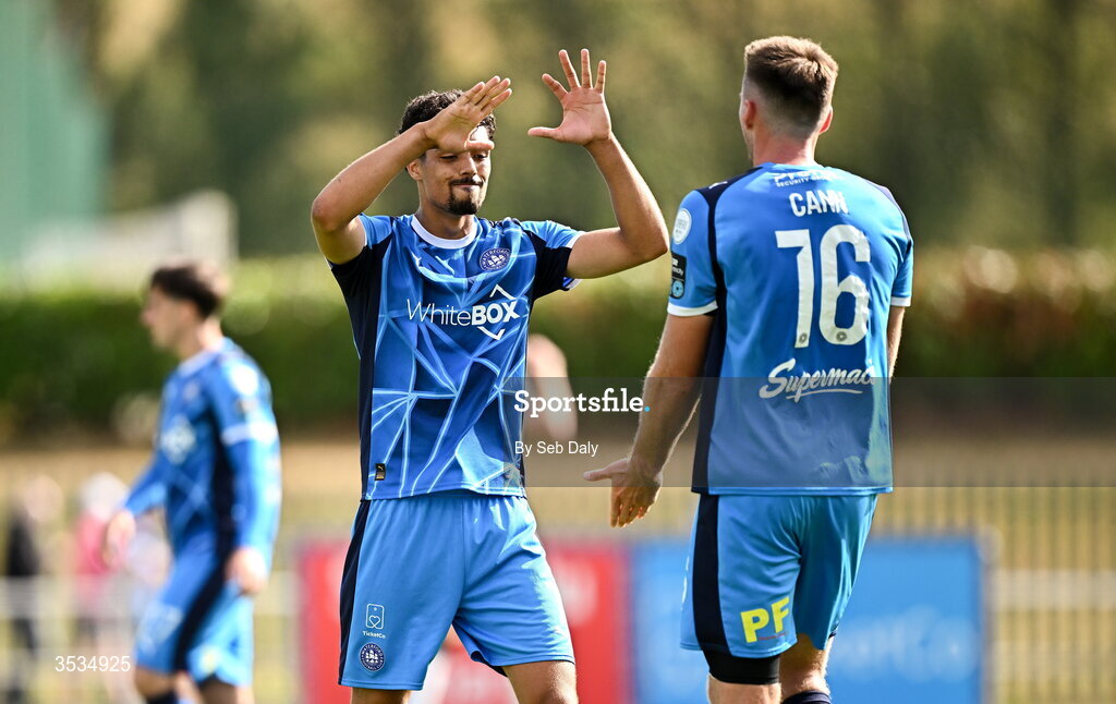 9 August 2026; Waterford players Noah Mawene, left, and Hayden Cann after their side's victory in the SSE Airtricity Men's Premier Division match between Waterford and Bohemians at the RSC in Waterford. Photo by Seb Daly/Sportsfile