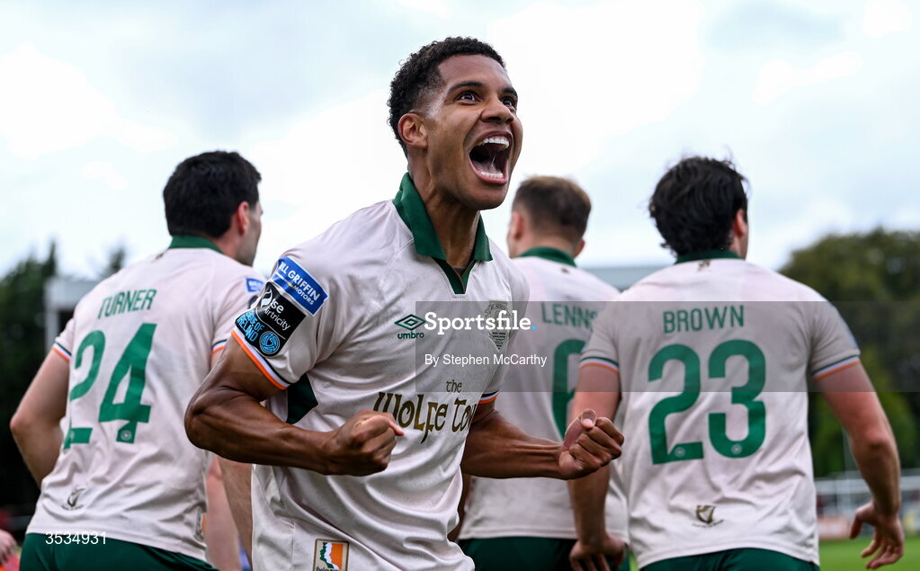 9 August 2026; Anthony Olusanya of St Patrick's Athletic celebrates after scoring his side's first goal during the SSE Airtricity Men’s Premier Division match between Shelbourne and St Patrick's Athletic at Tolka Park in Dublin. Photo by Stephen McCarthy/Sportsfile