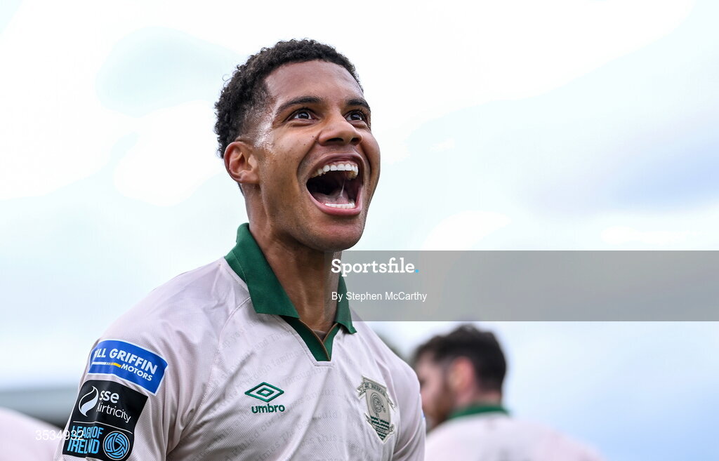 9 August 2026; Anthony Olusanya of St Patrick's Athletic celebrates after scoring his side's first goal during the SSE Airtricity Men’s Premier Division match between Shelbourne and St Patrick's Athletic at Tolka Park in Dublin. Photo by Stephen McCarthy/Sportsfile