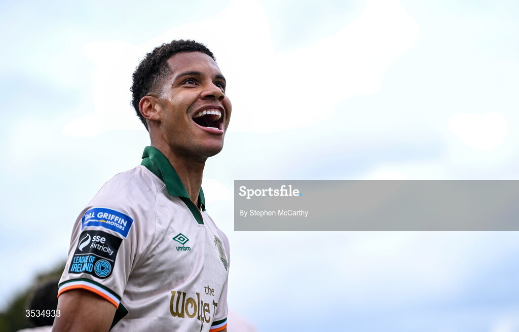 9 August 2026; Anthony Olusanya of St Patrick's Athletic celebrates after scoring his side's first goal during the SSE Airtricity Men’s Premier Division match between Shelbourne and St Patrick's Athletic at Tolka Park in Dublin. Photo by Stephen McCarthy/Sportsfile