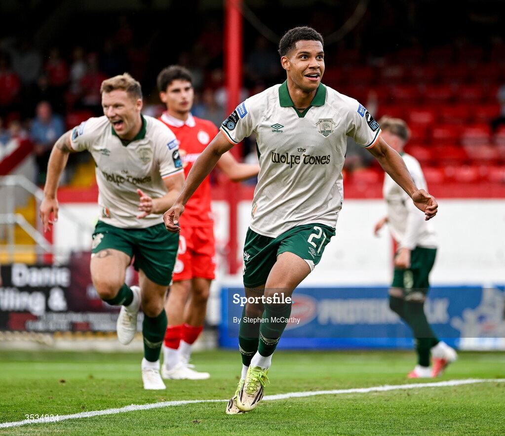 9 August 2026; Anthony Olusanya of St Patrick's Athletic celebrates after scoring his side's first goal during the SSE Airtricity Men’s Premier Division match between Shelbourne and St Patrick's Athletic at Tolka Park in Dublin. Photo by Stephen McCarthy/Sportsfile