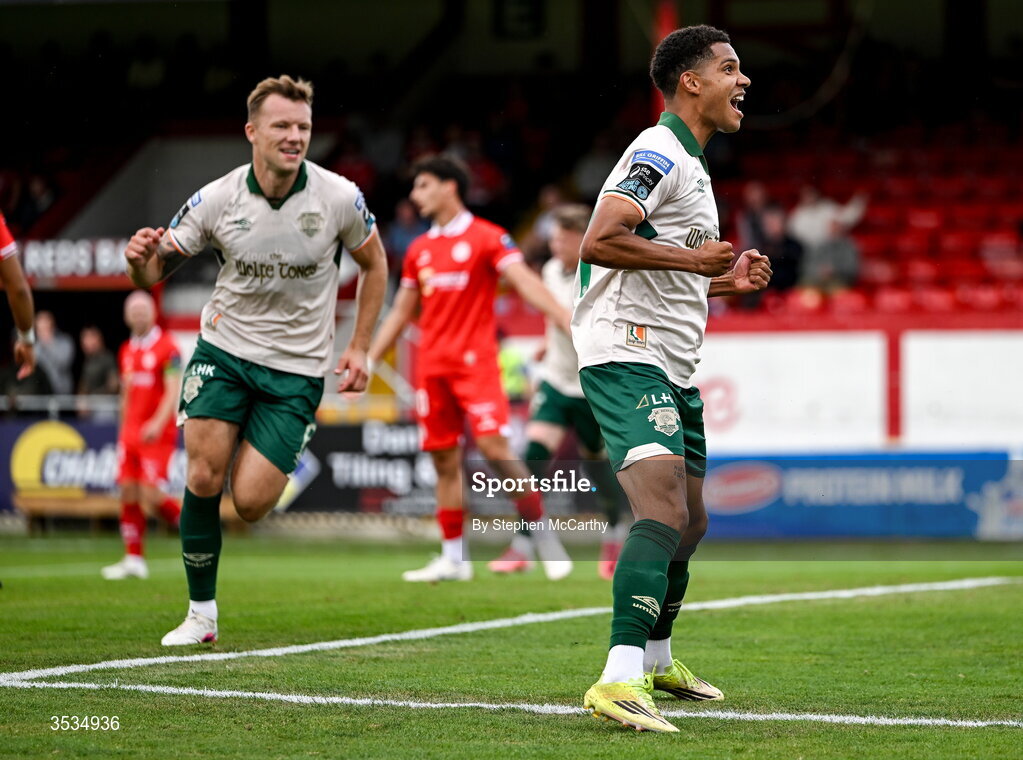 9 August 2026; Anthony Olusanya of St Patrick's Athletic celebrates after scoring his side's first goal during the SSE Airtricity Men’s Premier Division match between Shelbourne and St Patrick's Athletic at Tolka Park in Dublin. Photo by Stephen McCarthy/Sportsfile