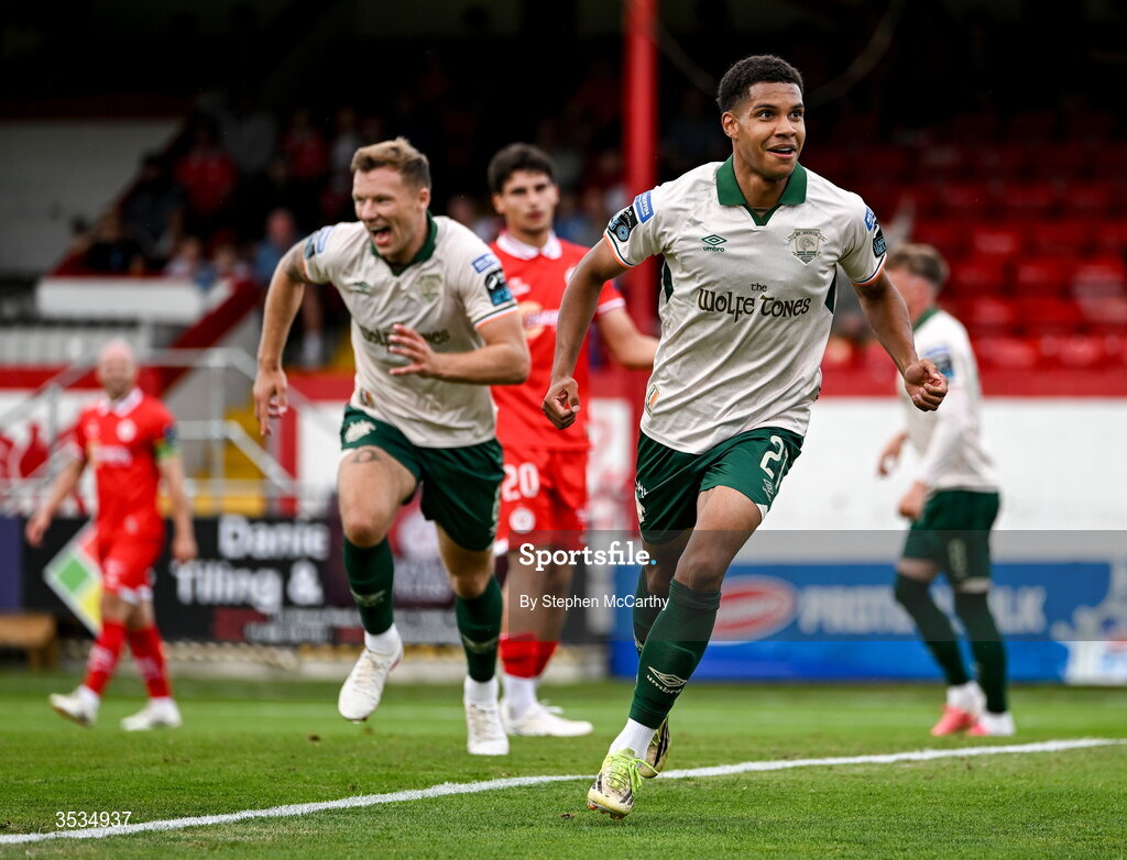 9 August 2026; Anthony Olusanya of St Patrick's Athletic celebrates after scoring his side's first goal during the SSE Airtricity Men’s Premier Division match between Shelbourne and St Patrick's Athletic at Tolka Park in Dublin. Photo by Stephen McCarthy/Sportsfile