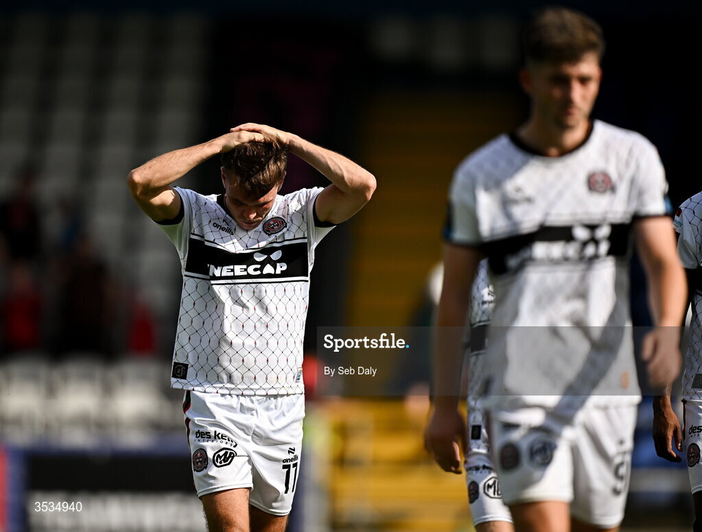 9 August 2026; Dayle Rooney of Bohemians after his side's defeat in the SSE Airtricity Men's Premier Division match between Waterford and Bohemians at the RSC in Waterford. Photo by Seb Daly/Sportsfile