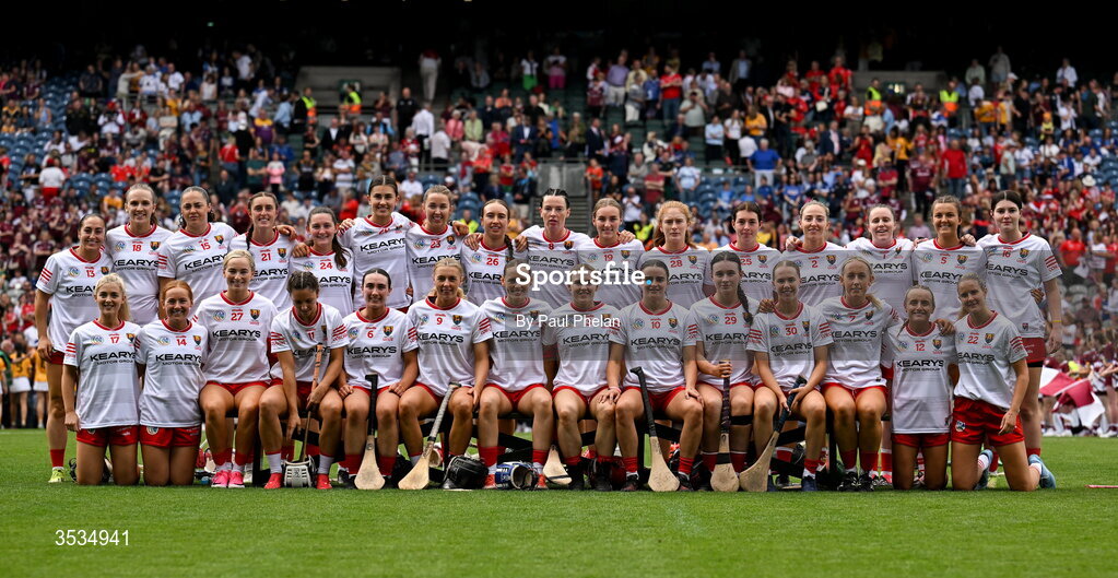 9 August 2026; The Cork squad before the Glen Dimplex All-Ireland Senior Camogie Championship final match between Galway and Cork at Croke Park in Dublin. Photo by Paul Phelan/Sportsfile