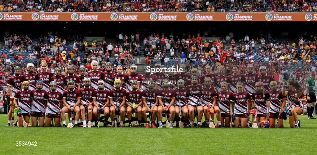 9 August 2026; The Galway squad before the Glen Dimplex All-Ireland Senior Camogie Championship final match between Galway and Cork at Croke Park in Dublin. Photo by Paul Phelan/Sportsfile