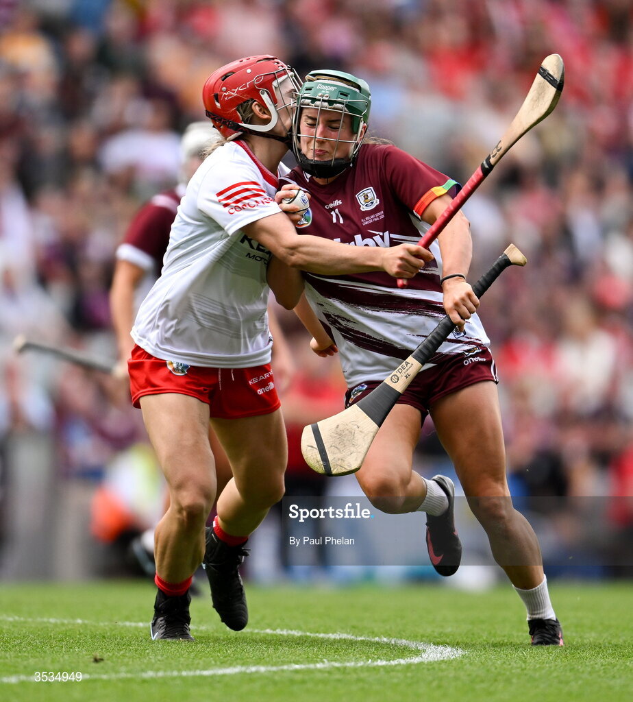 9 August 2026; Niamh McPeake of Galway in action against Libby Coppinger of Cork during the Glen Dimplex All-Ireland Senior Camogie Championship final match between Galway and Cork at Croke Park in Dublin. Photo by Paul Phelan/Sportsfile
