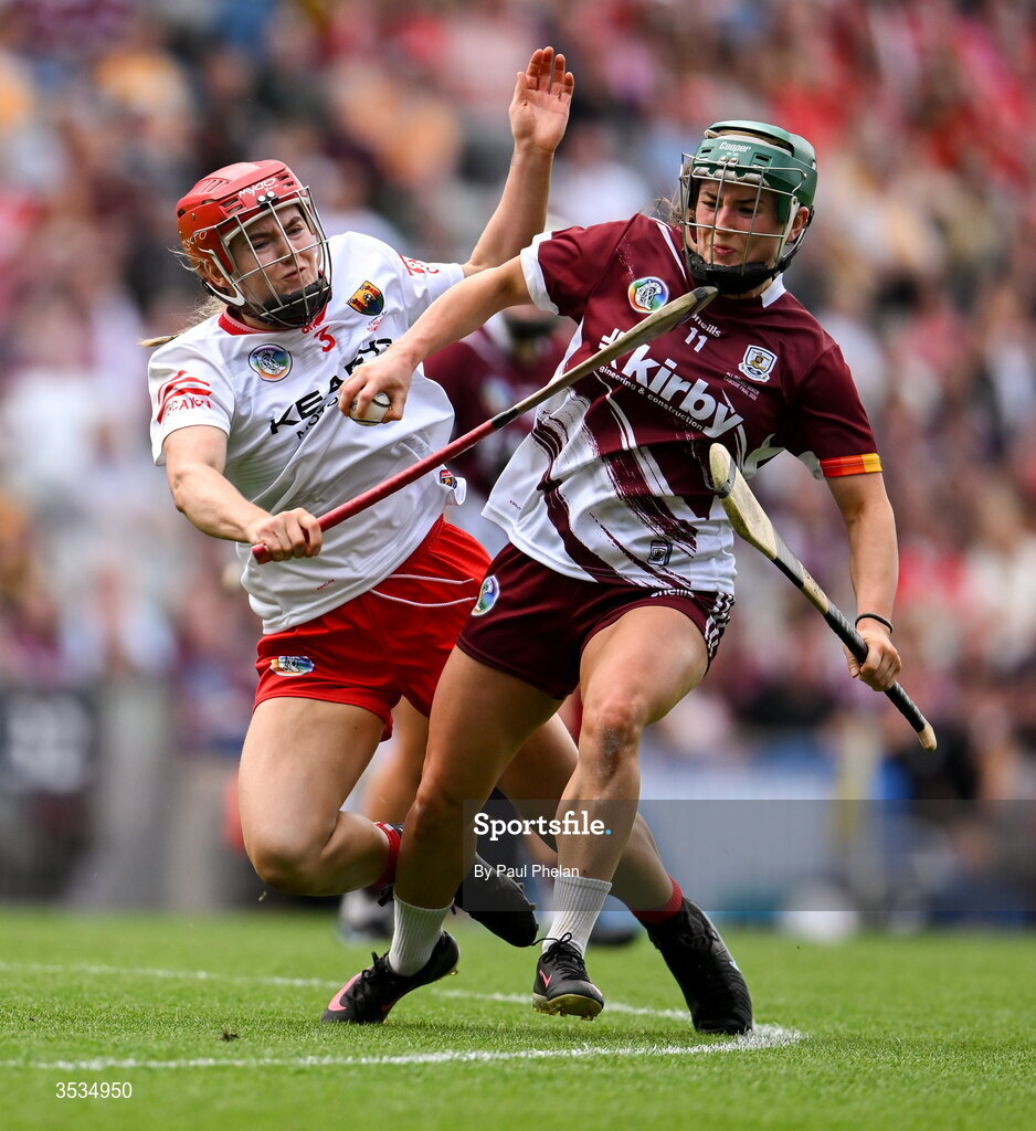 9 August 2026; Niamh McPeake of Galway in action against Libby Coppinger of Cork during the Glen Dimplex All-Ireland Senior Camogie Championship final match between Galway and Cork at Croke Park in Dublin. Photo by Paul Phelan/Sportsfile