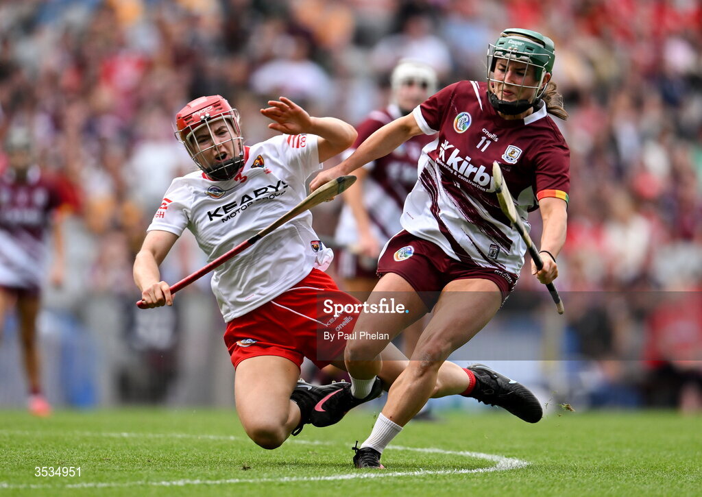 9 August 2026; Niamh McPeake of Galway in action against Libby Coppinger of Cork during the Glen Dimplex All-Ireland Senior Camogie Championship final match between Galway and Cork at Croke Park in Dublin. Photo by Paul Phelan/Sportsfile