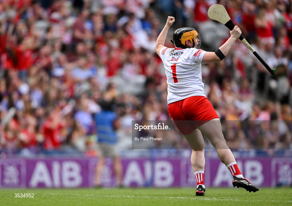 9 August 2026; Cork goalkeeper Amy Lee celebrates her sides first goal during the Glen Dimplex All-Ireland Senior Camogie Championship final match between Galway and Cork at Croke Park in Dublin. Photo by Paul Phelan/Sportsfile