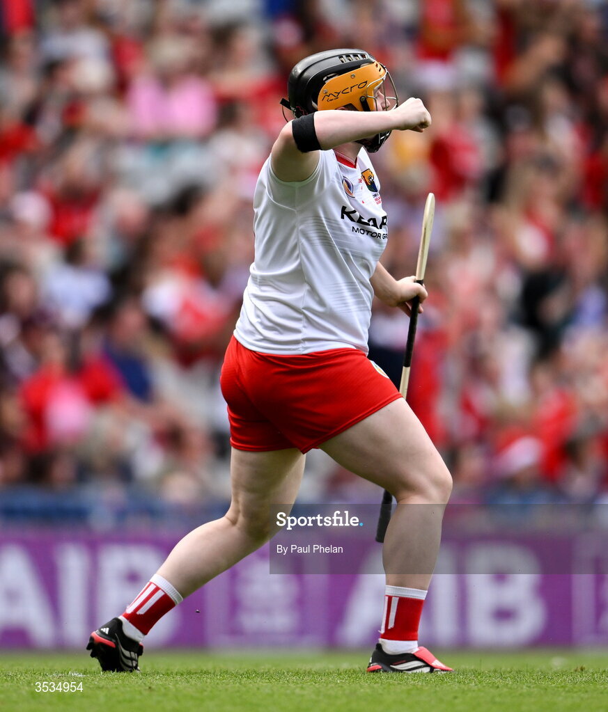 9 August 2026; Cork goalkeeper Amy Lee celebrates her sides first goal during the Glen Dimplex All-Ireland Senior Camogie Championship final match between Galway and Cork at Croke Park in Dublin. Photo by Paul Phelan/Sportsfile