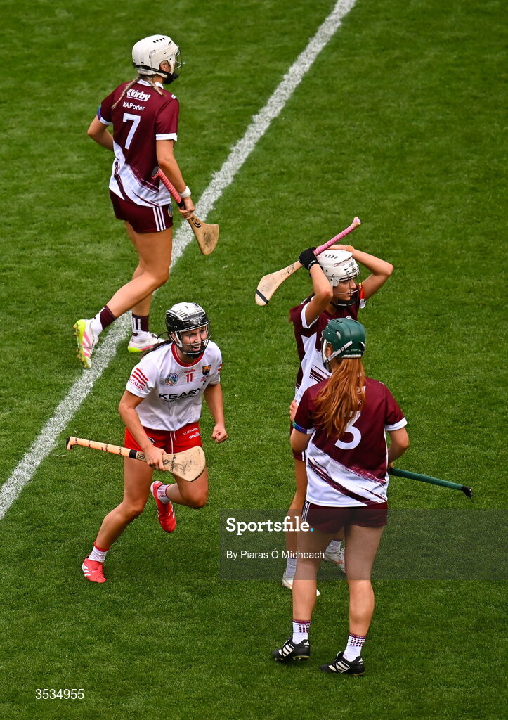 9 August 2026; Saoirse McCarthy of Cork celebrates after scoring her side's first goal during the Glen Dimplex All-Ireland Senior Camogie Championship final match between Galway and Cork at Croke Park in Dublin. Photo by Piaras Ó Mídheach/Sportsfile