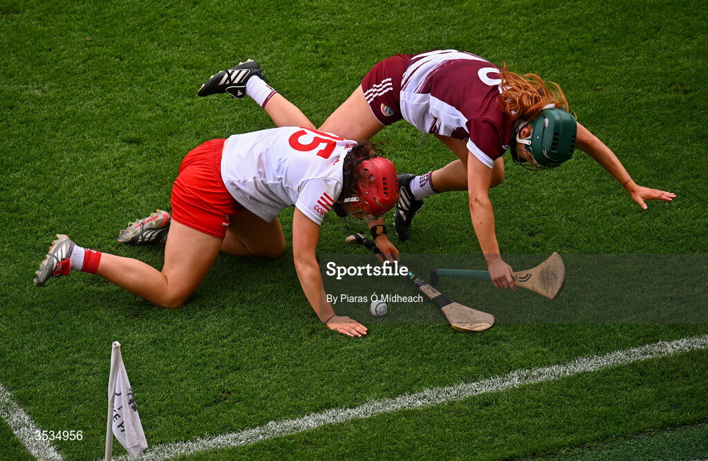 9 August 2026; Sorcha McCartan of Cork in action against Róisín Black of Galway during the Glen Dimplex All-Ireland Senior Camogie Championship final match between Galway and Cork at Croke Park in Dublin. Photo by Piaras Ó Mídheach/Sportsfile