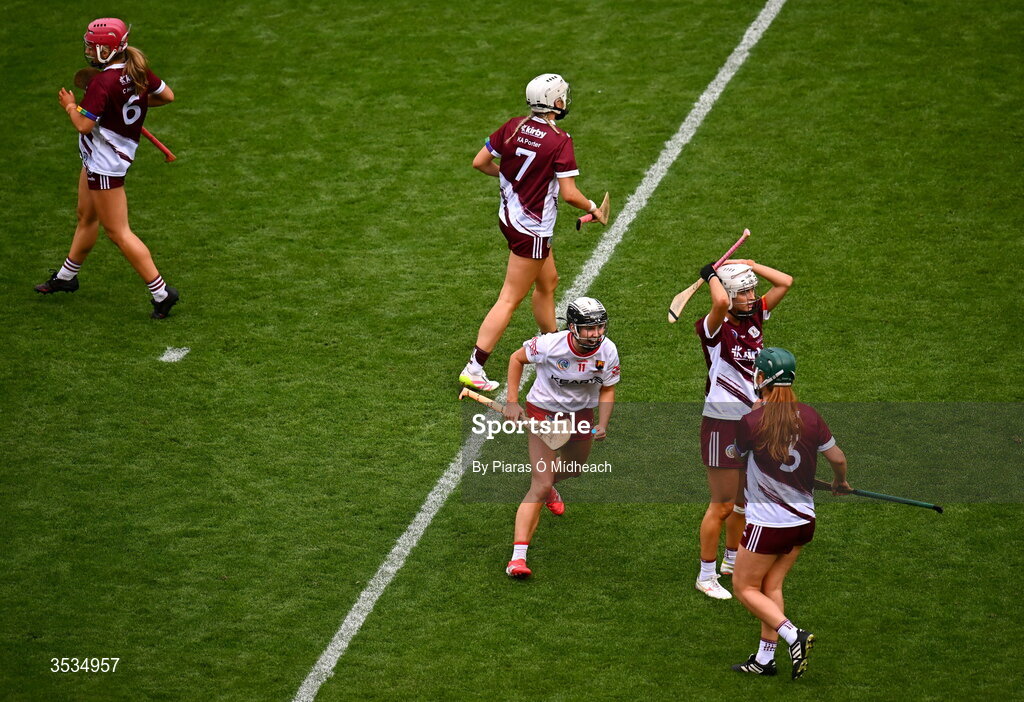 9 August 2026; Saoirse McCarthy of Cork celebrates after scoring her side's first goal during the Glen Dimplex All-Ireland Senior Camogie Championship final match between Galway and Cork at Croke Park in Dublin. Photo by Piaras Ó Mídheach/Sportsfile