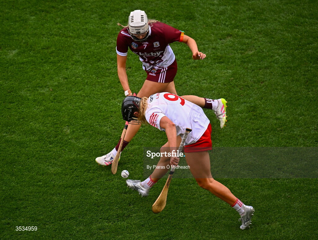 9 August 2026; Laura Hayes of Cork in action against Katie Anna Porter of Galway during the Glen Dimplex All-Ireland Senior Camogie Championship final match between Galway and Cork at Croke Park in Dublin. Photo by Piaras Ó Mídheach/Sportsfile
